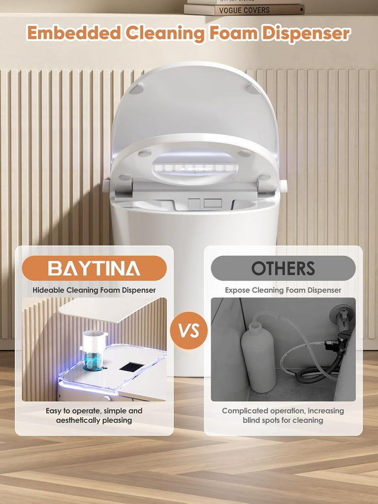 Smart One-Piece Toilet with Built-In Bidet, ADA Comfort Height Heated Seat, Air Dryer, Night Light, Foam System, Dual Auto Flush, Foot Sensor