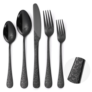 Floral Flatware Set Black for 6 Stainless Steel Silverware 30 Piece Cutlery Unique Eating Utensils Tableware Stylish