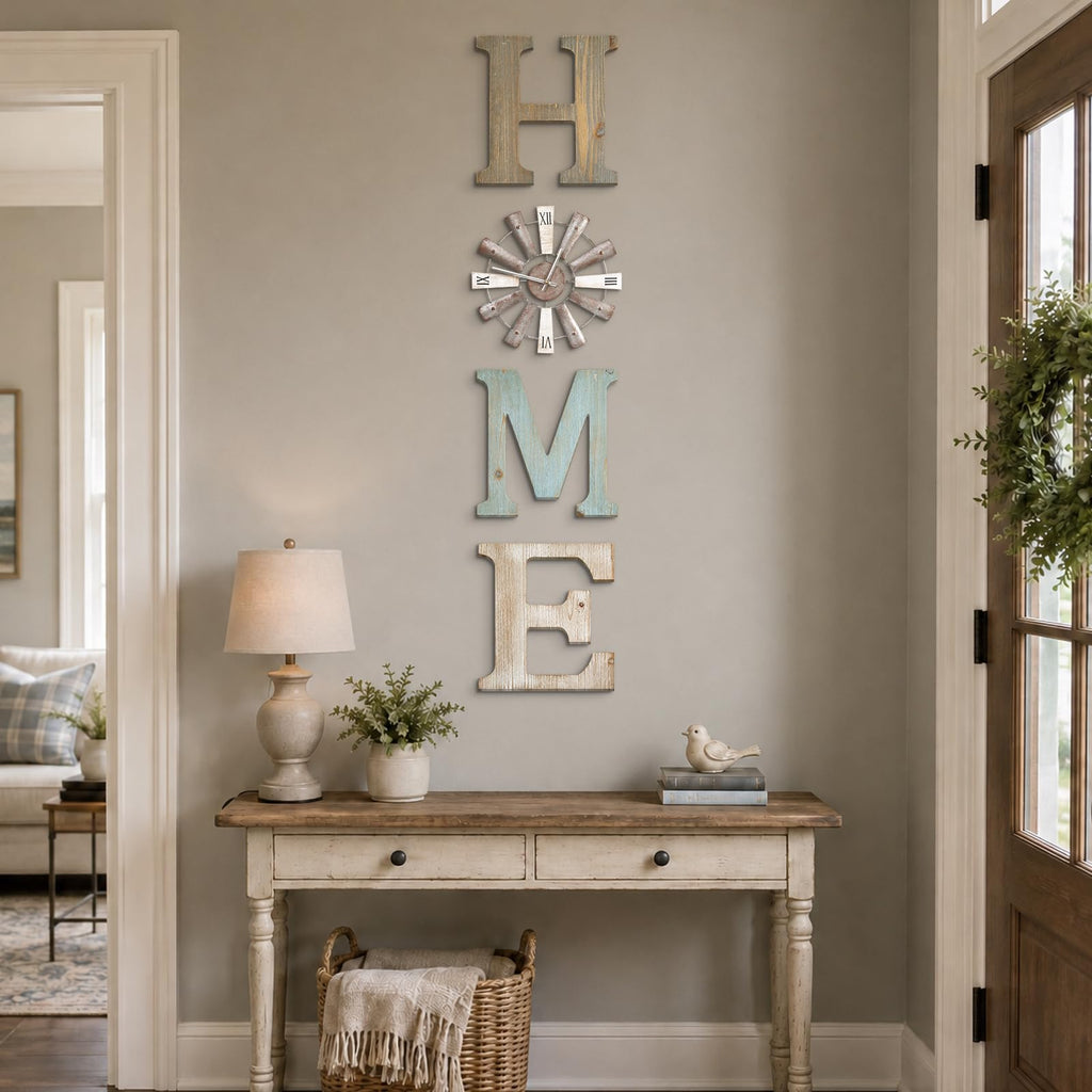 Farmhouse Home Signs with Windmill Clock Wall Decor Rustic Home Letters Wall Art Kitchen Entryway Dining Room Bedroom