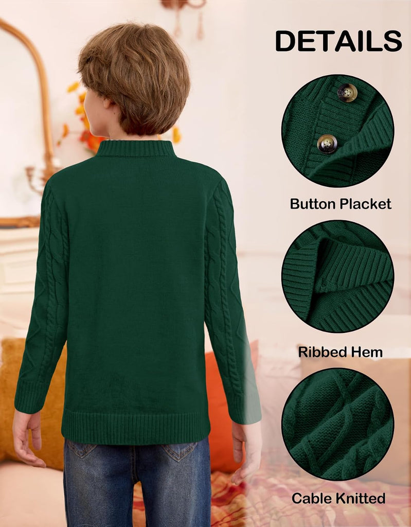 Boys Winter Cable Knit Sweater Mock Neck Button Pullover