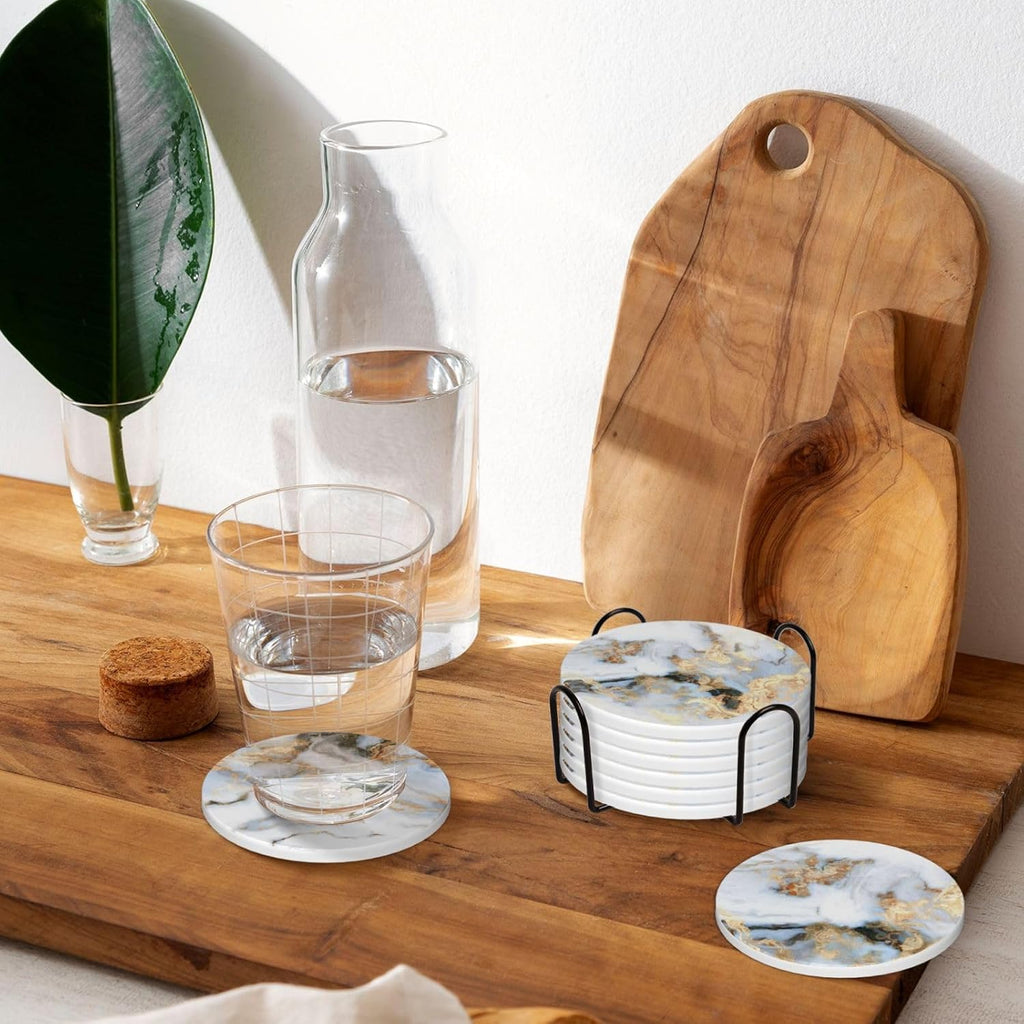 Coasters for Drinks Absorbent with Holder,Abstract White Gold Marble Sets of 6 Durable Cup Coaster for Coffee Table - Set of 6