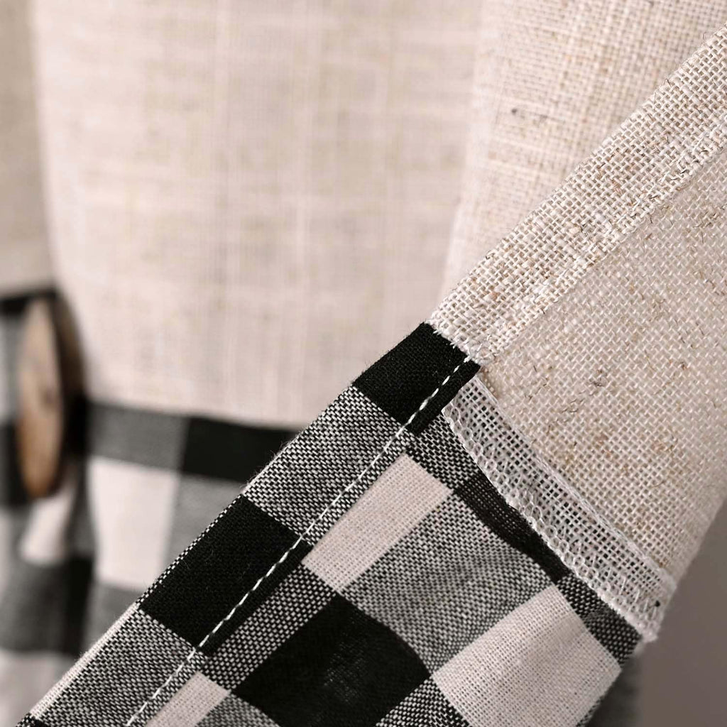 Farmhouse Rustic Linen and Black Plaid Cotton Valance, Buffalo Pleated Design with Coconut Buttons, Multi-Room Window