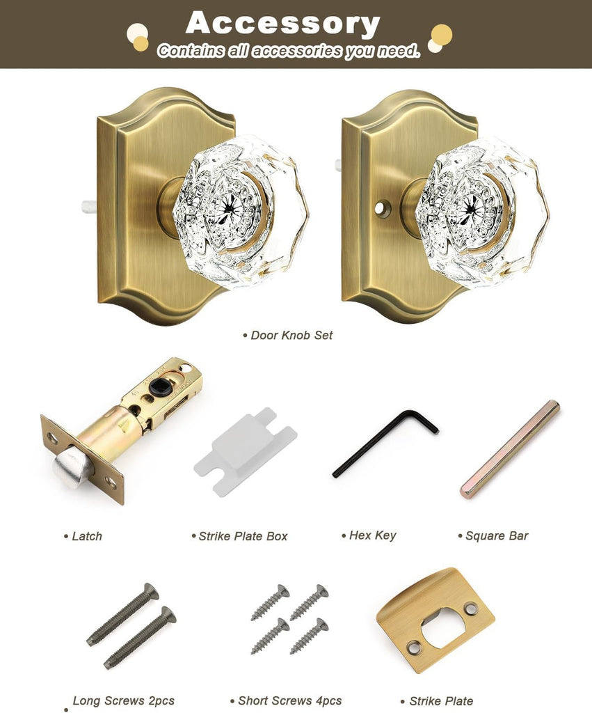 Octagonal Diamond Crystal Doorknob in Antique Brass for Hall/Closet,Passage Function for Interior Room,Keyless,1 Pack