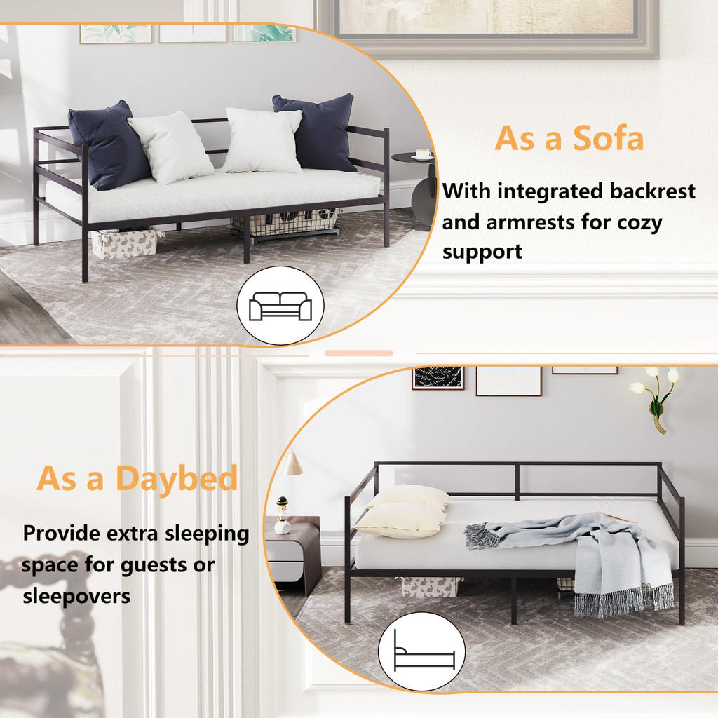 Metal Daybed Frame Twin Size, Heavy-Duty Steel Slats Support Sofa Bed, Platform Mattress Foundation, Multifunctional