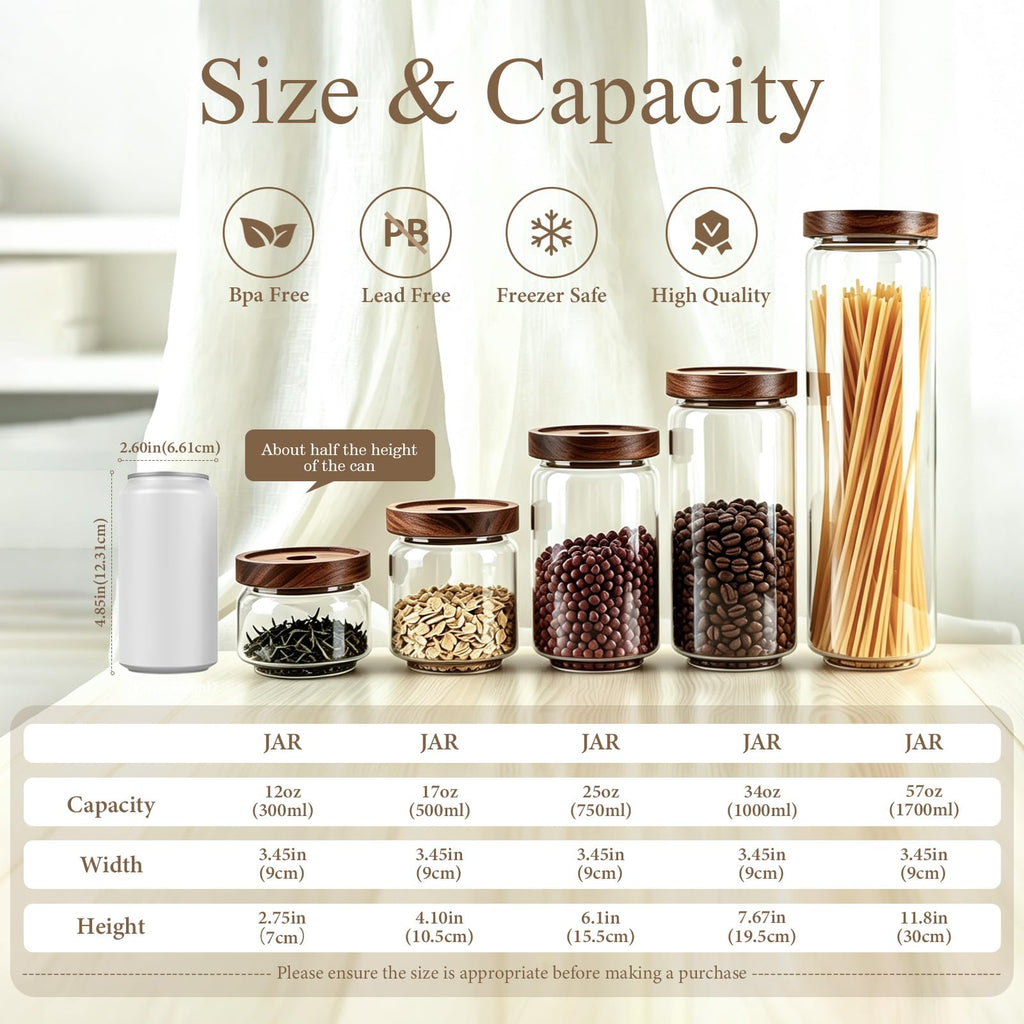 Glass Jars with Airtight Wood Lids - 17 oz Small Kitchen Pantry Storage Containers, Stackable Decorative Canisters