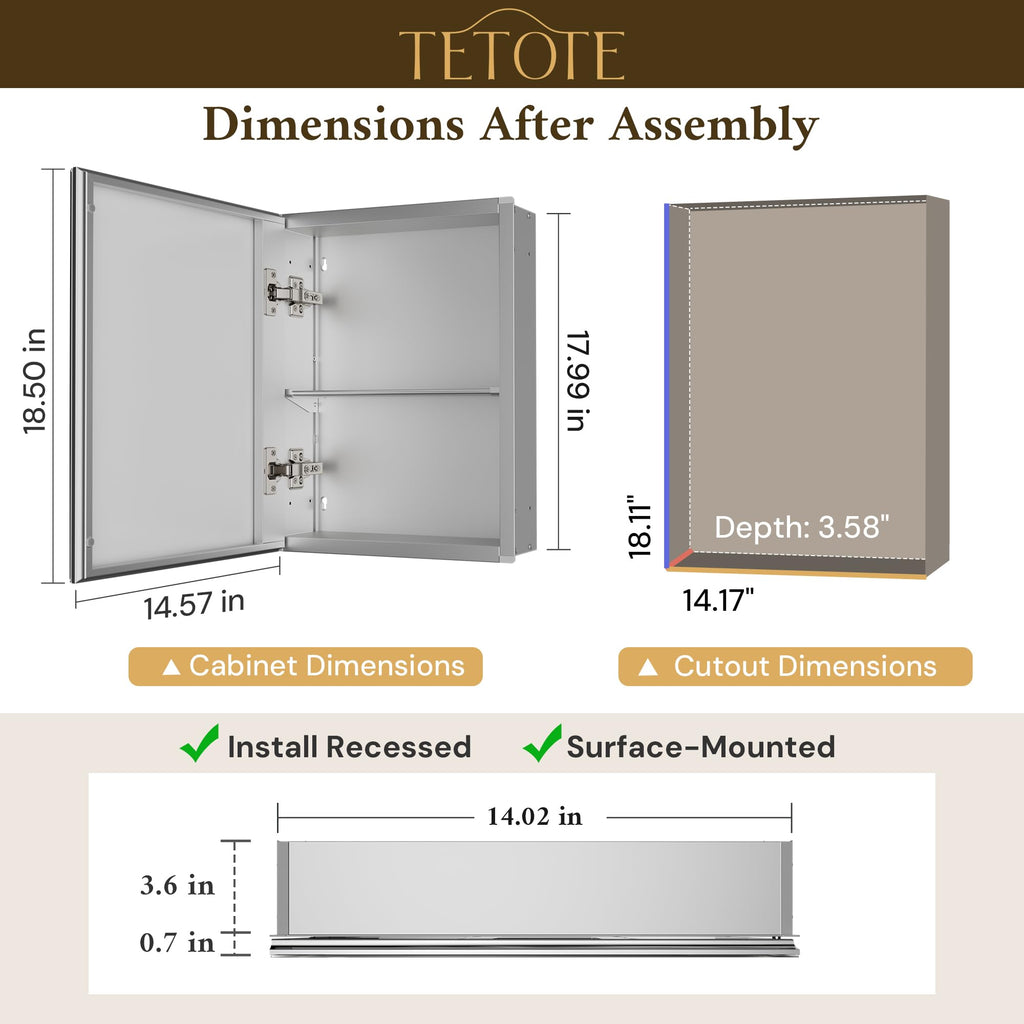 14 x 18 Medicine Cabinet with Tempered Beveled Mirror Silver Aluminum Cabinet DTC Hinges, Stepless Adjustable Shelf