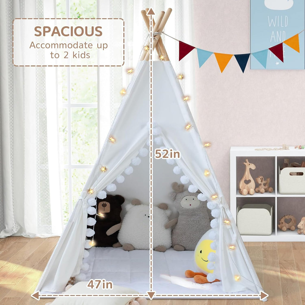 Teepee Tent for Kids with Padded Mat Cotton Canvas Kids Teepee with Pompom for Toddlers Indoor Play Tent for Girls