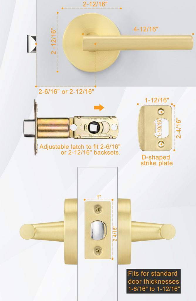 Gold Door Handles, Zinc-Alloy Heavy Duty Interior Door Handles, Passage Door Handle, Door Lever Hardware s and