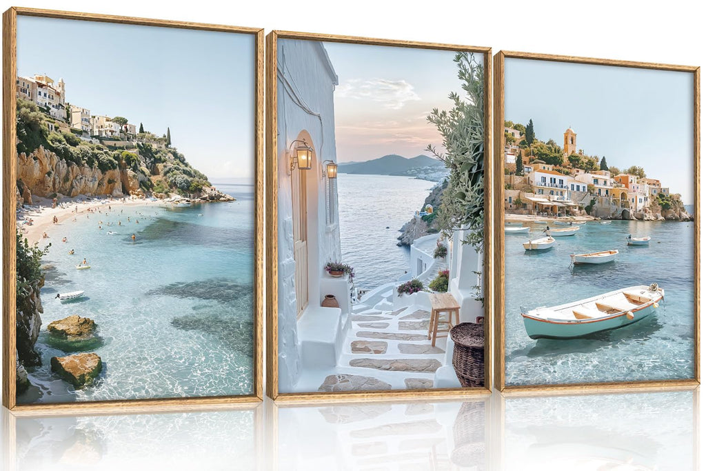 Greek Island Coastal Scenery Framed Canvas Wall Art Set- 24"x36"x3