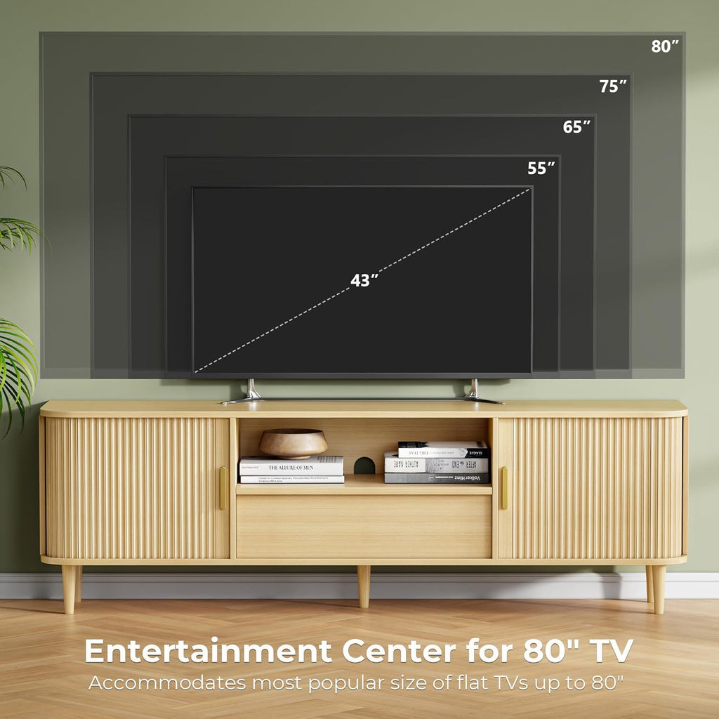 Mid-Century Modern Fluted TV Stand for 65/70/75/80 Inch TVs, 69" Entertainment Center with Grooved Sliding Doors &