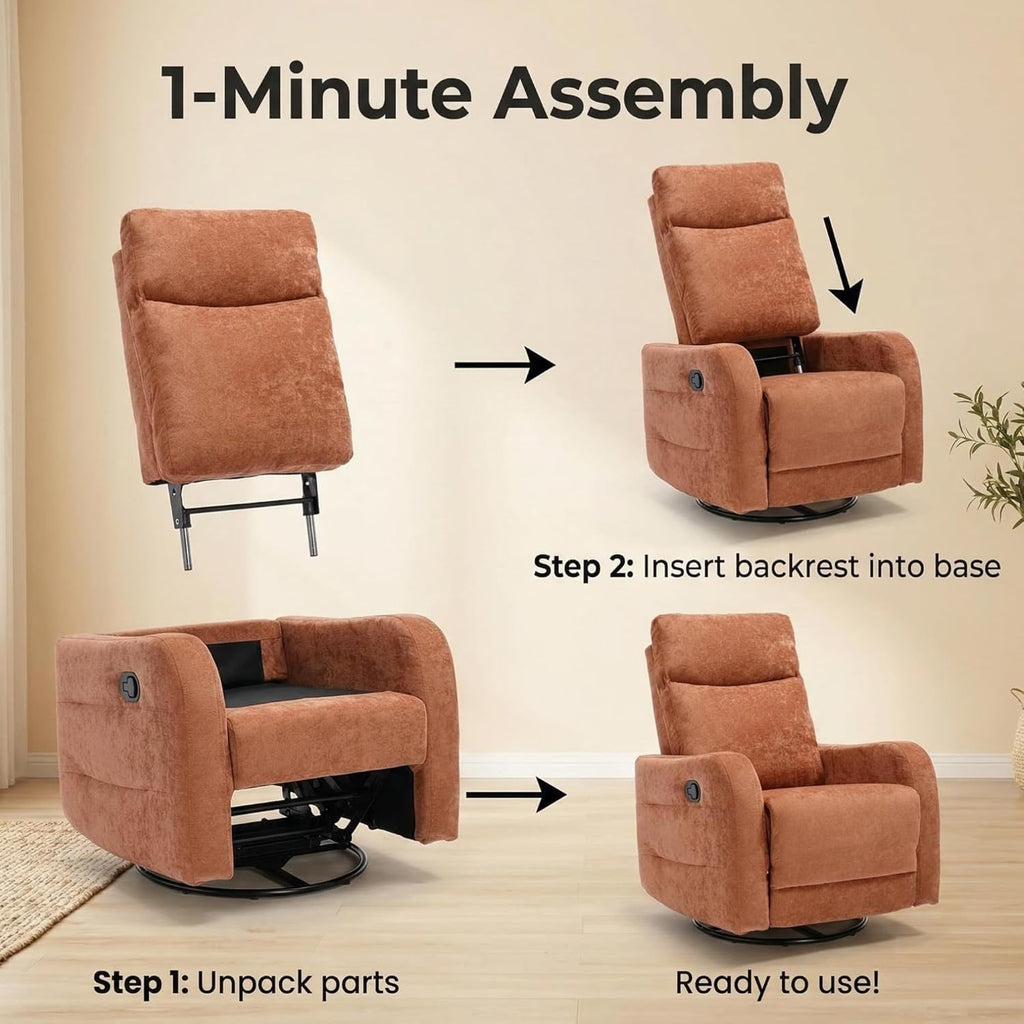 360° Swivel Glider Rocker Recliner Chair, Manual Reclining Fabric Lounge Chair with Side Pull Handle, Upholstered