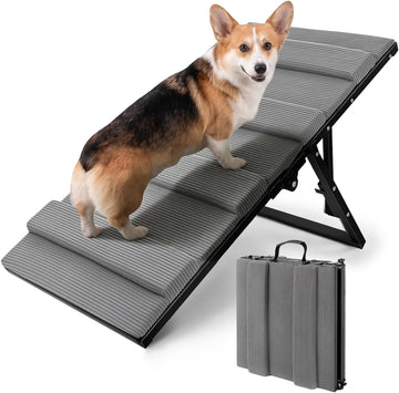 Dog Ramp for Bed & Couch, Foldable Pet Ramp with 5 Adjustable Height Levels, Non-Slip Striped Fabric, Portable Indoor