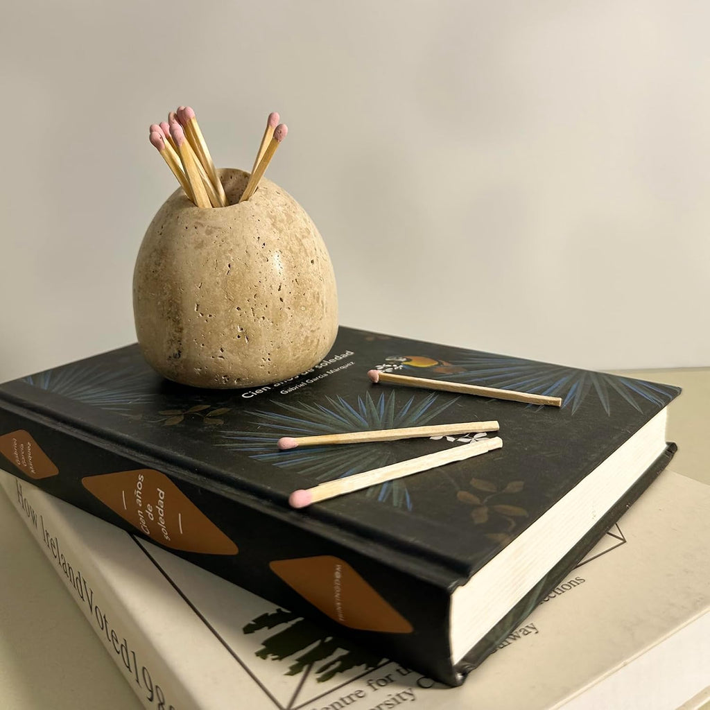 100% Travertine Match Holder |Toothpick Holder | Cute Beige Match Cloche | Matches Jar Box for Candles or Bathroom