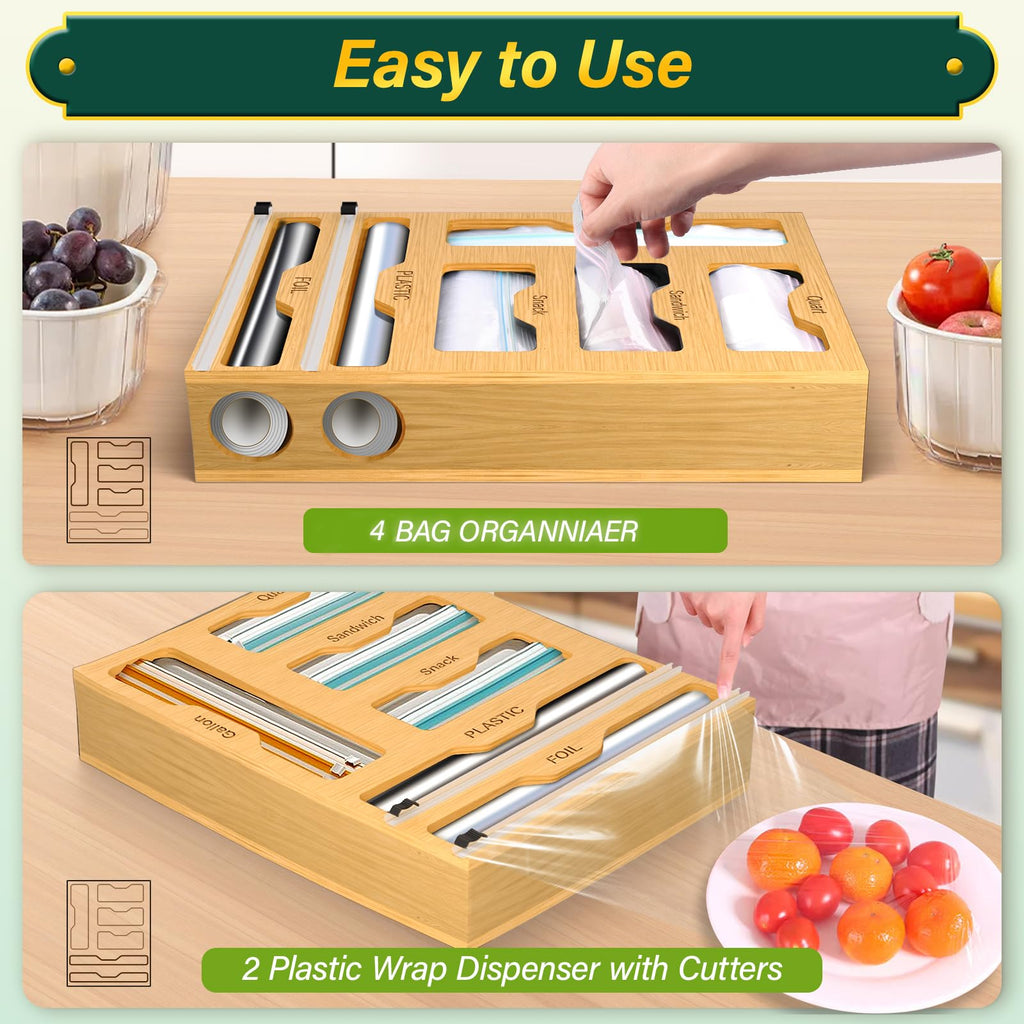 Bag Organizer and Plastic Wrap Dispenser with Cutter, 6 In 1 Bamboo Foil and Plastic Wrap Organizer Drawer, Food
