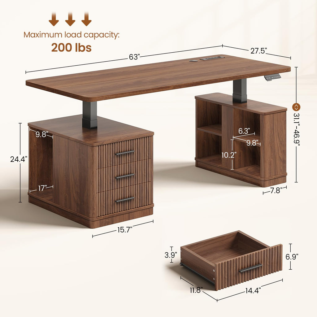 63" Fluted Electric Standing Desk with 3 Drawers, Storage Shelves