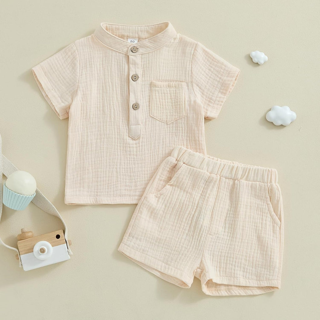 Toddler Baby Boy Summer Clothes Muslin Button Up Short Sleeve Henley Shirts Tops Shorts Set Cute Summer Outfits