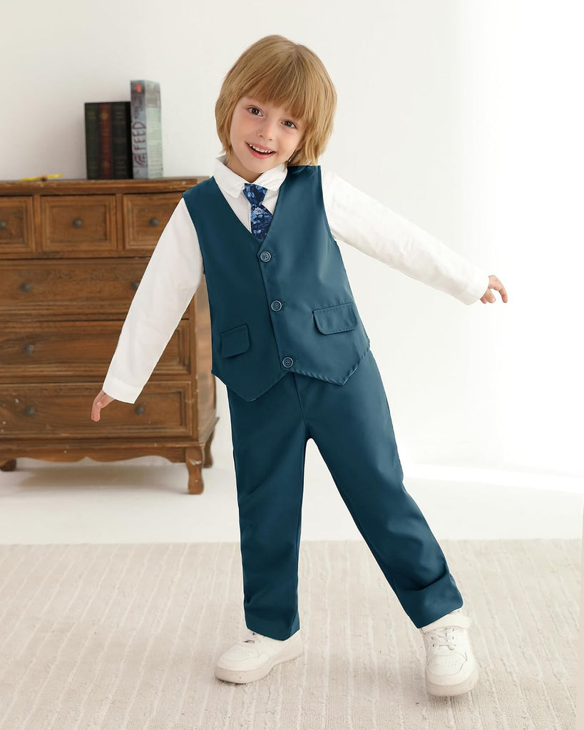 Boy Suit Toddler Boys Formal Dress Outfit Shirt+Printed Tie+Vest+Pants Baby Tuxedo Boys Wedding Clothes
