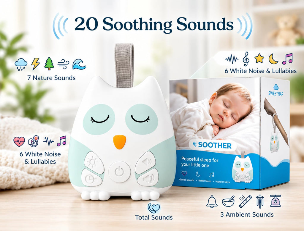 Portable Baby White Noise Sound Machine for Sleeping, Cry Activated Sensor, 20 Sounds for Kids, Night Light, Timer, for