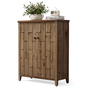 Solid Wood Shoe Cabinet with Doors, 6-Tier Tall Shoe Cabinet, Farmhouse Freestanding Shoe Storage with Adjustable