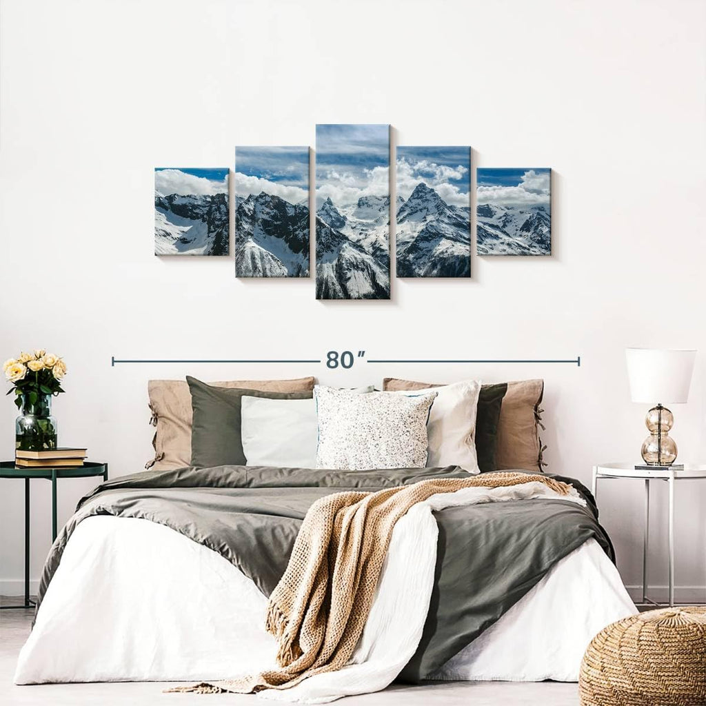 Rocky Mountains Wall Art Multi Piece Canvas - 5 Panel Nature Wall Decor - Snowy Scenery of the Pine Forest and