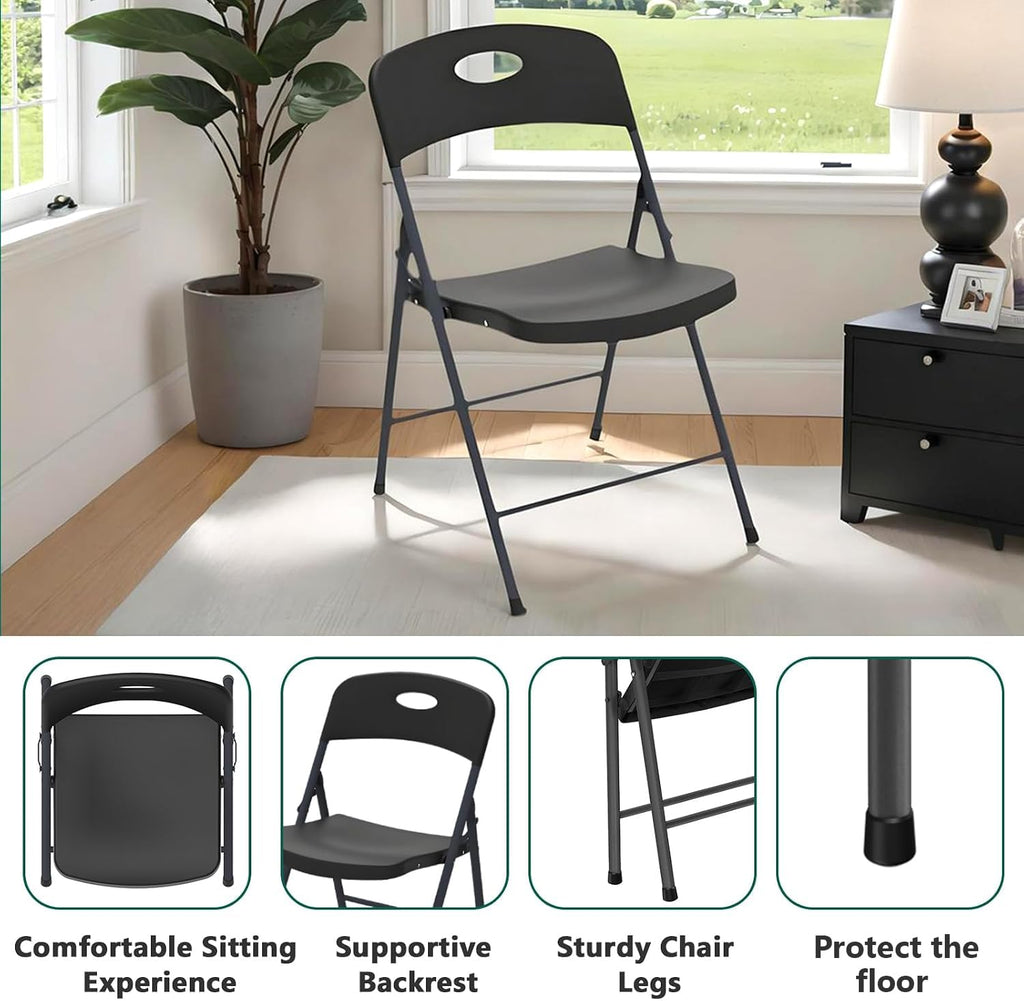 10 Pack Black Folding Chair, Plastic Portable Stackable Commercial Seats with Steel Frame 350lb, Heavy Duty Foldable