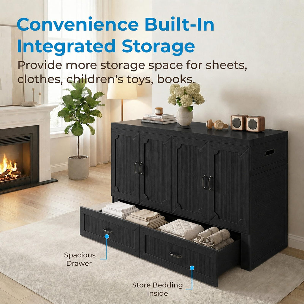 Queen Murphy Bed Cabinet with Tri-Fold Mattress Included, Black