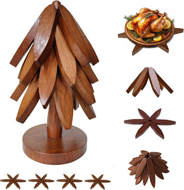 Wooden Trivet Tree Set for Hot Dishes, 100% Natural Wood, Expandable Design Coaster, Foldable Tree-Sharped Placemats - Set of 4