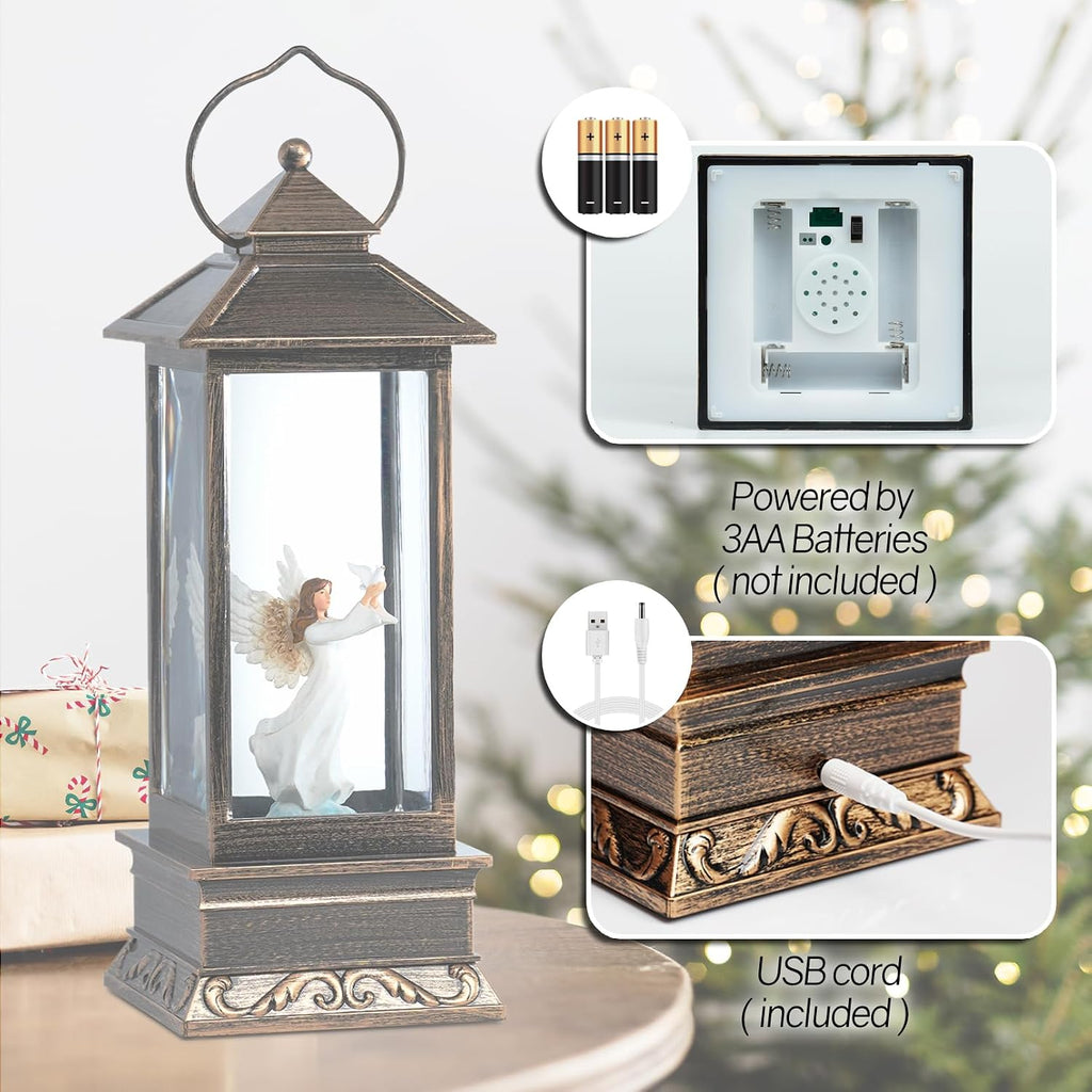 12" Christmas Snow Globe Lantern with Angel and Dove - Water Glittering LED Light Lantern with Music - Vintage Xmas