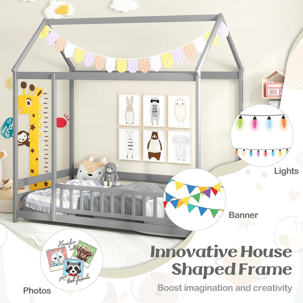 Floor House Bed, Wooden Montessori Bed with Roof &Full-Length Safety Guardrail, Floor Playhouse Bed Frame