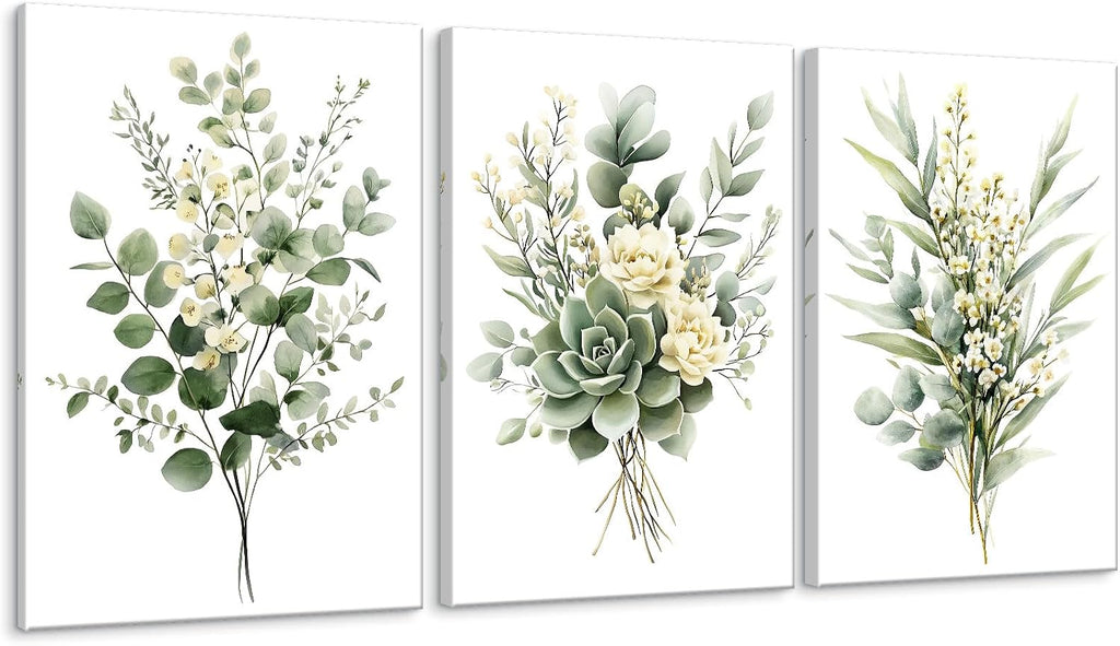 Sage Green Botanical Wall Art, Watercolor Framed Canvas Prints Modern Green Plant White Floral Decor Living Room