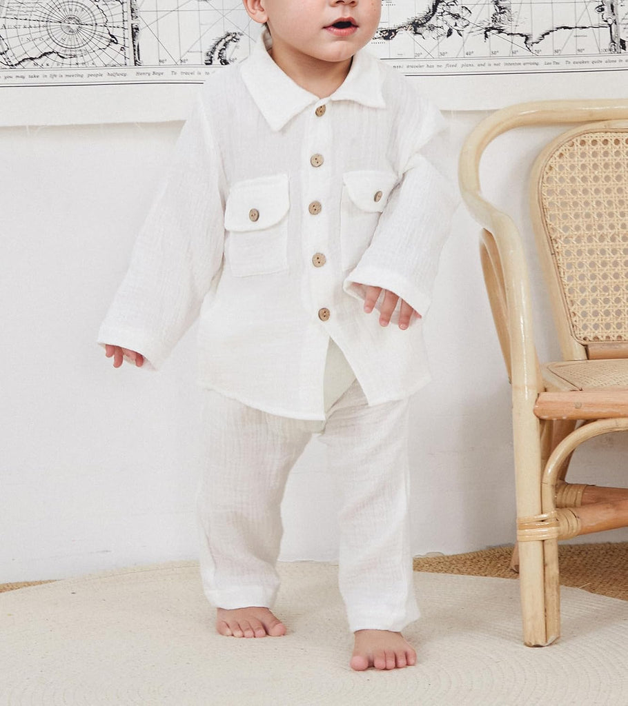 Toddler Boy Linen Outfit Baby Boy Fall Winter Clothes Set Button-Down Shirt Tops Cotton Linen Pants 2PCS