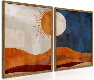 Framed Boho Sun and Moon Canvas Wall Art Set of 2, Vintage Western Desert Landscape Wall Decor Paintings, Mid Century
