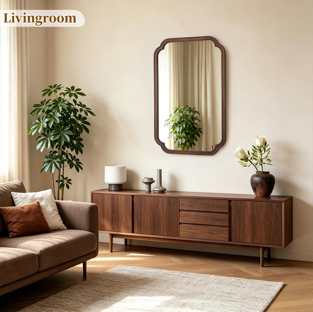Wood Bathroom Mirror for Wall Decor Arched Rounded Corner Rustic Wood Frame Wall Mirror Home Decorative for Vanity