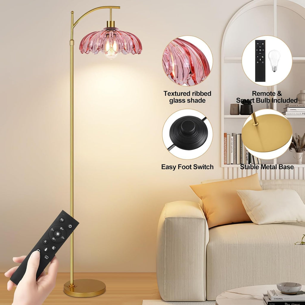 Gold Arc Floor Lamp Bedroom,Mid Century Modern Standing Lamp with Remote