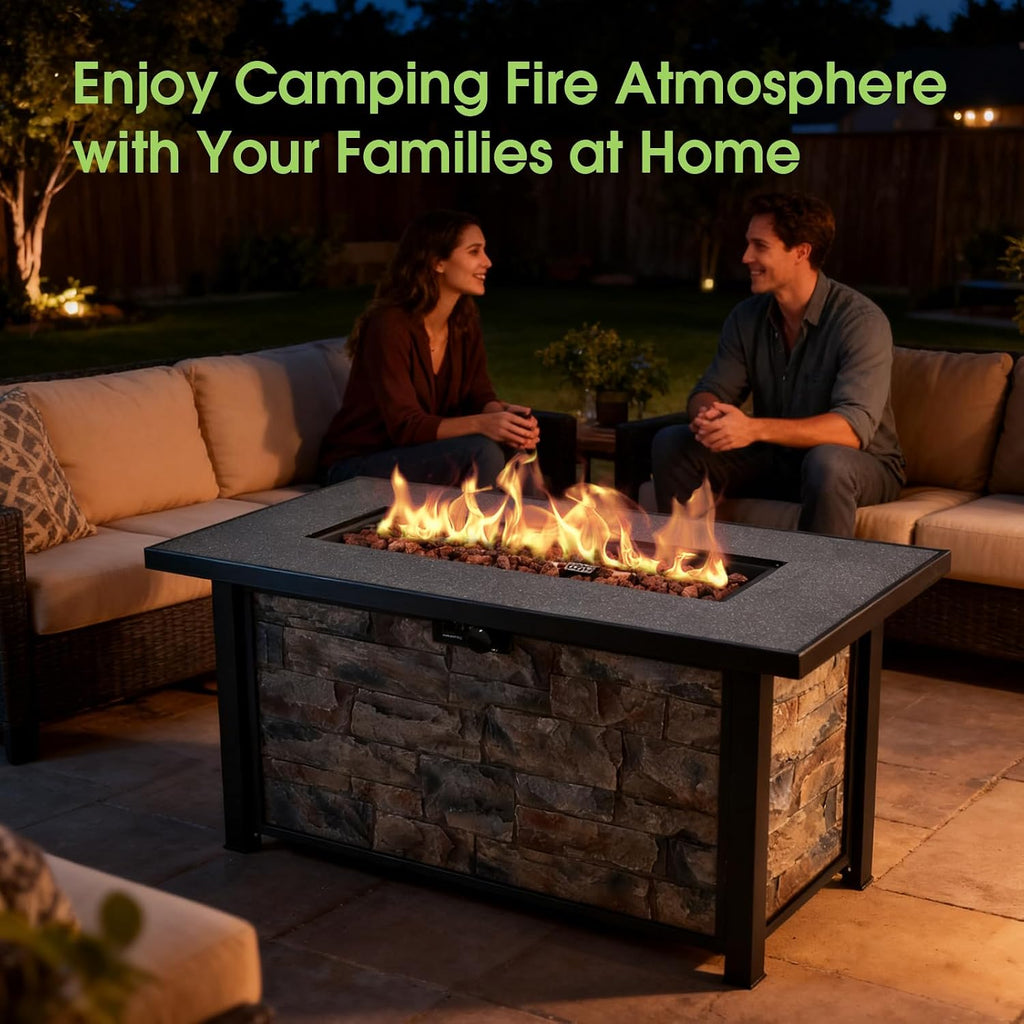 48 Inch Rectangular Propane Fire Pit Table, 50000 BTU, Metal Top | Stone-look Panels, with Metal Lid, Lava Rocks &