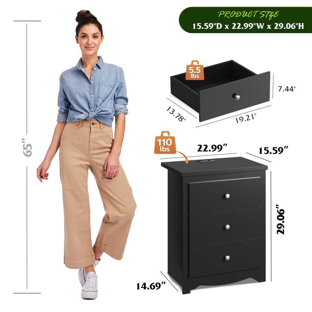Tall Nightstand with Charging Station, Wood Bedside Table, Black
