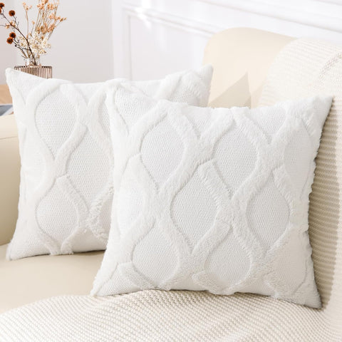 Summer Throw Pillow Covers 18x18 Inch Set of 2, Soft Plush Faux Fur Wool Cream White Accent Couch Pillow Covers for