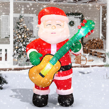6.5 FT Christmas Inflatable Santa Claus with Guitar, Blow Up Santa Christmas Decorations Outdoor, Unique Lighted Xmas
