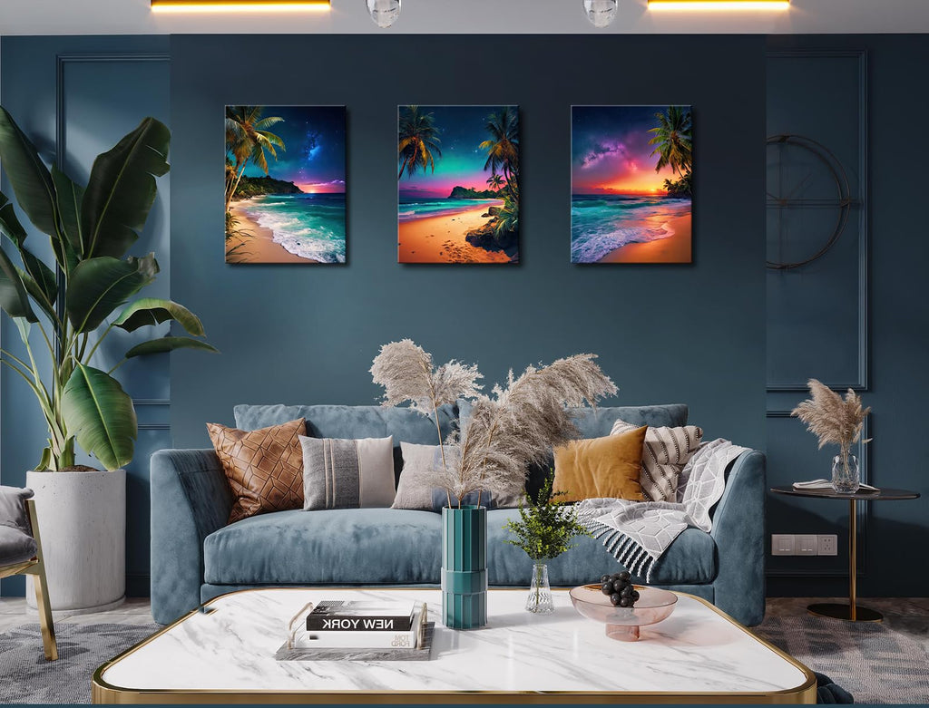 3-Piece Tropical Beach Wall Art, Northern Lights Ocean Sunset Canvas Prints, Palm Tree Coastal Seascape Decor Bedroom