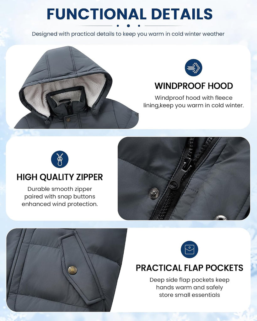 Kids Boy's Winter Coat Fleece Lined Waterproof Jacket Thick Hooded Puffer Cotton Parka Down Outdoor Coats