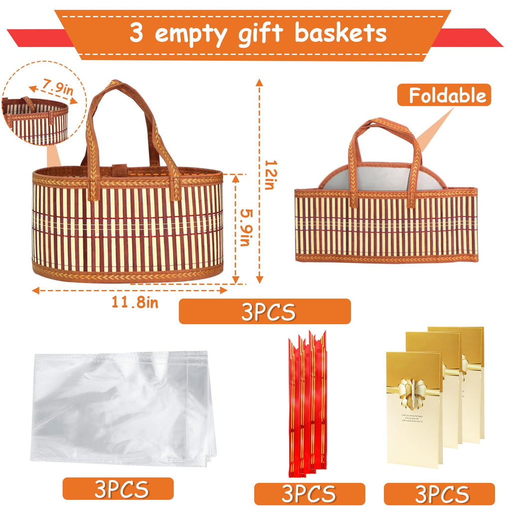 3 Set Baskets for Gifts Empty, Large Woven Bamboo Gift Basket with Handles
