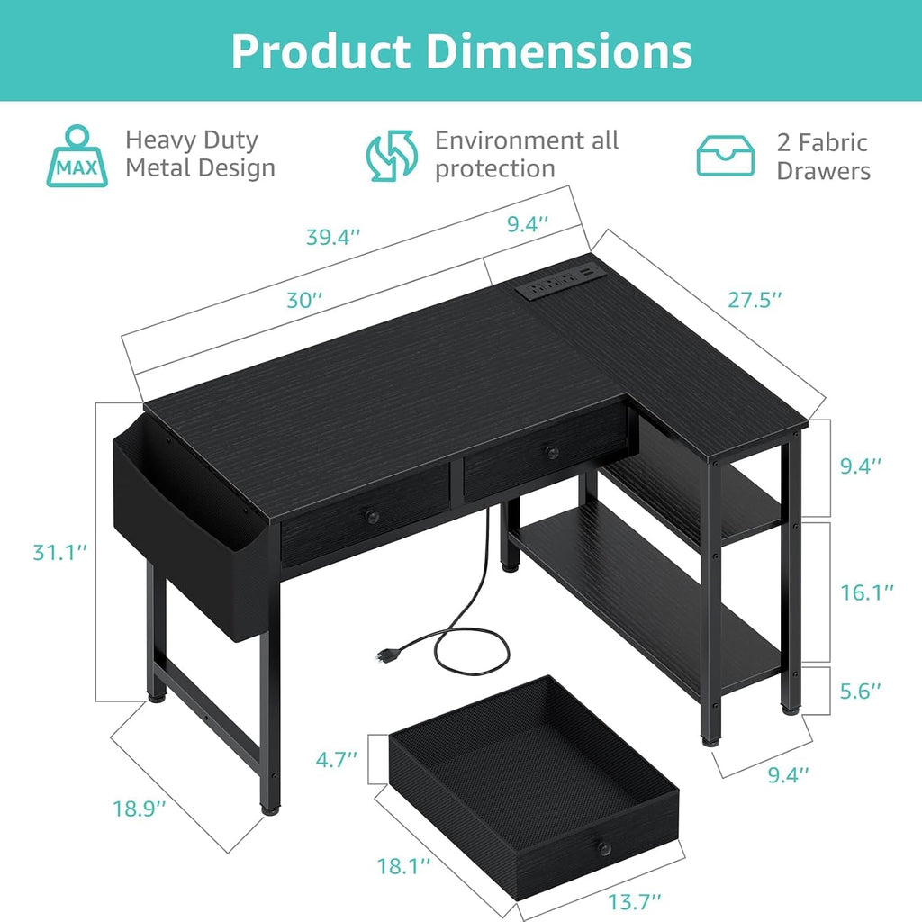Black Corner Desk for Small Space with Drawers, Reversible Gaming L Shaped Computer Desk with Storage Shelves for