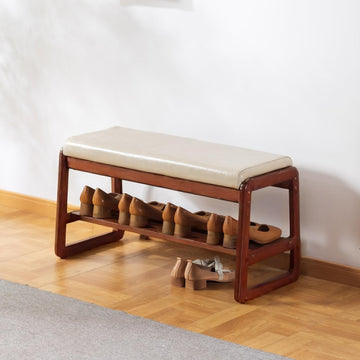Solid Wood Shoe Bench, 2-Tier Wooden Entryway Bench, Modern Shoe Rack with Faux Leather Cushion (Gray, 31.5'')