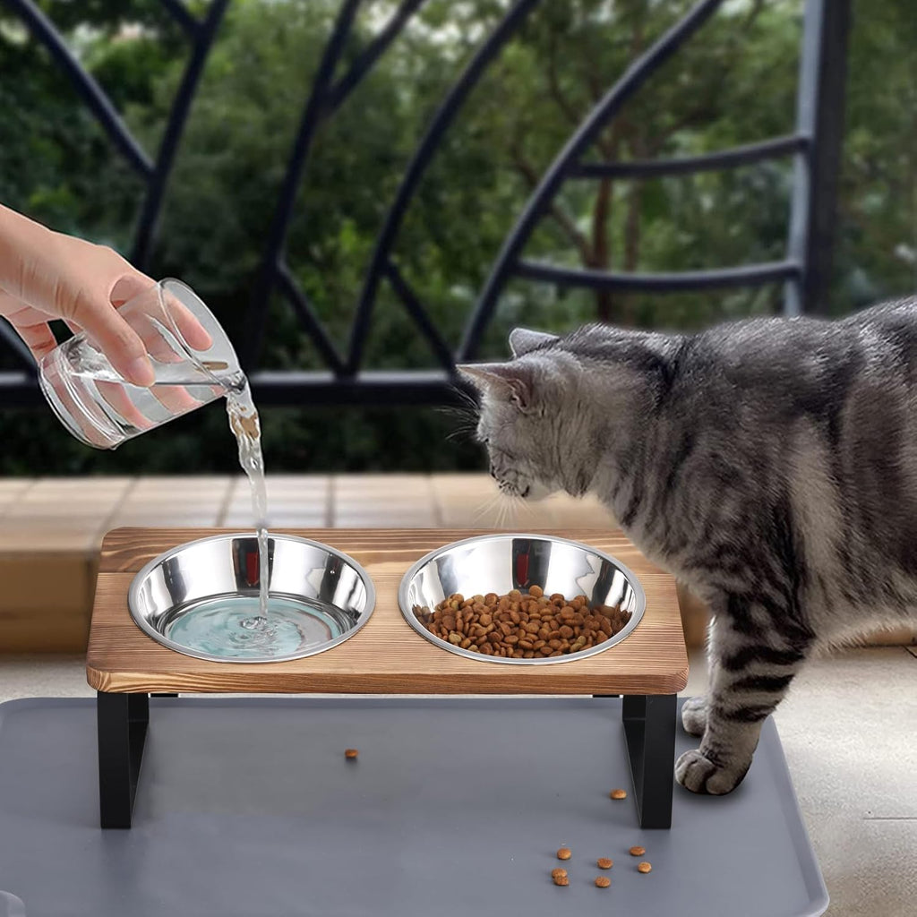 Upgraded Elevated Cat Bowls with Food Mat, 15°Tilted Stand Anti Vomiting Raised Cat Dishes for Food and Water, 2