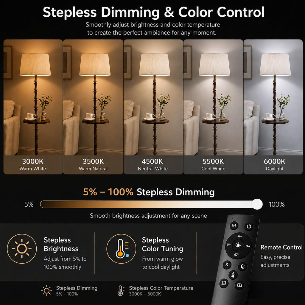 Real Wood Floor Lamp with Built-in Tray, Remote Control, Adjustable Brightness & 3 Color Temperatures, Dimmable