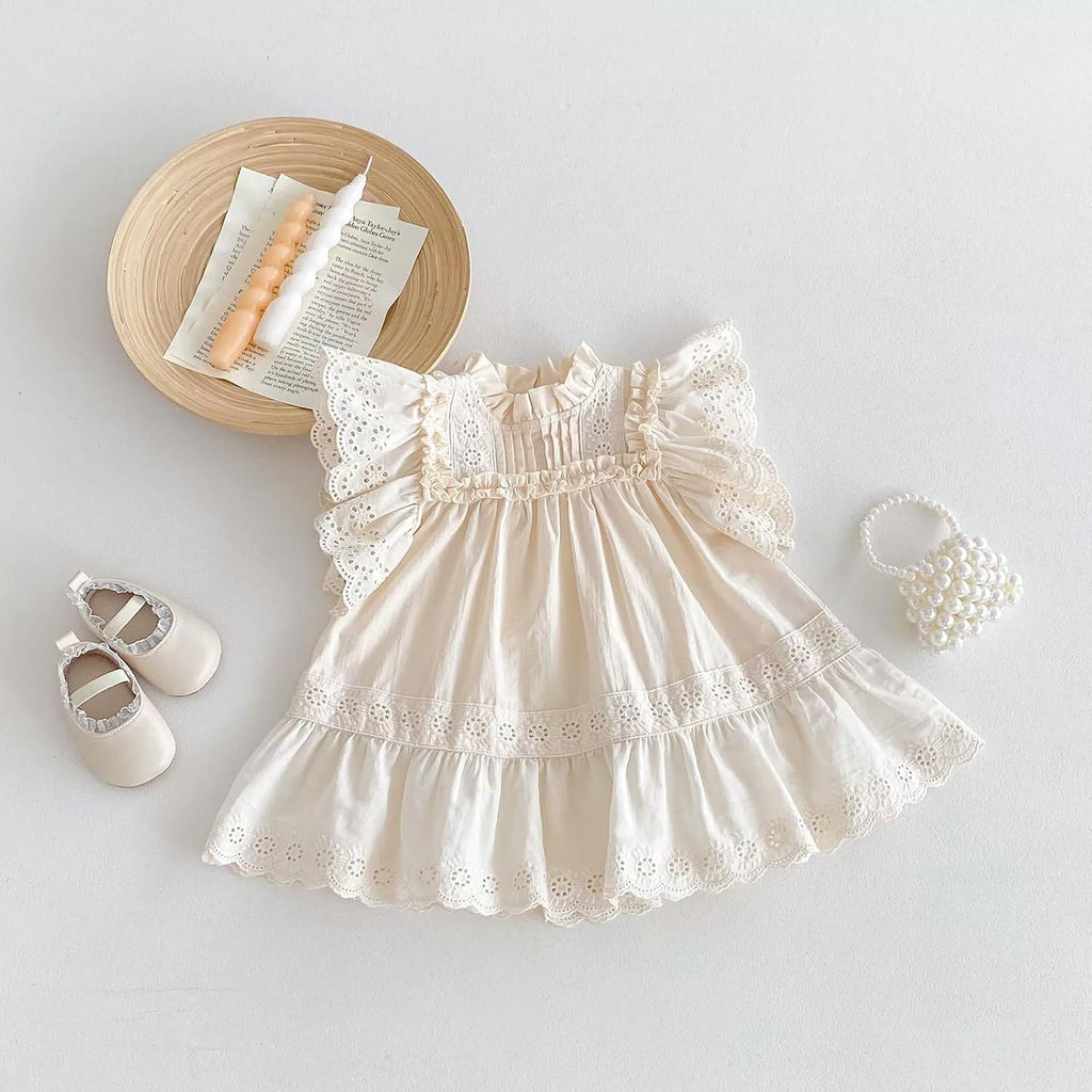Summer Toddler Girls' Cotton - Spandex Frilled Princess Dress with Lace Trim and Flutter Sleeves