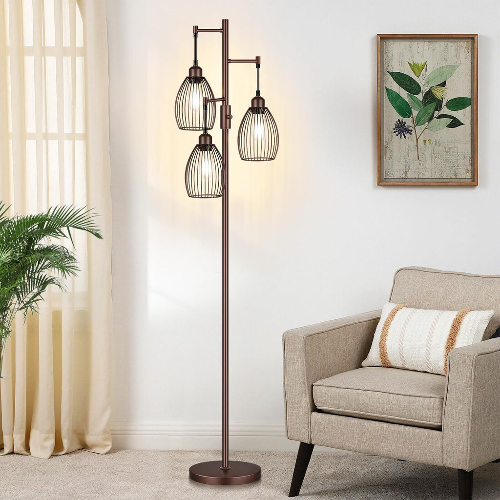 Dimmable Farmhouse Industrial Floor Lamp, Matte Brown Tree Standing Tall Lamps with 3 Elegant Teardrop Cage Head &