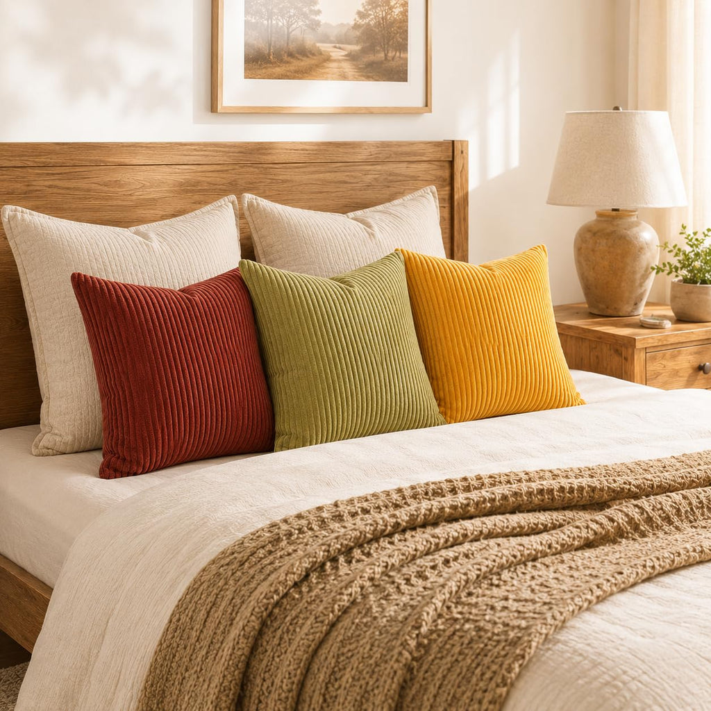 Fall Burnt Orange Decorative Throw Pillows Covers 24x24 Inch Set of 4, Yellow Green Gradient Series Corduroy Striped