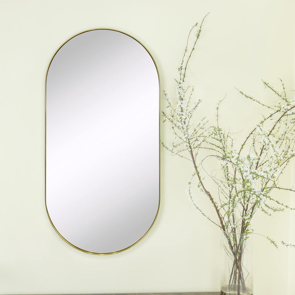 Brushed Gold Oval Bathroom Mirror 20x40'' Pill Shaped Oblong Vanity Mirror Metal Framed Capsule Mirror for Wall in