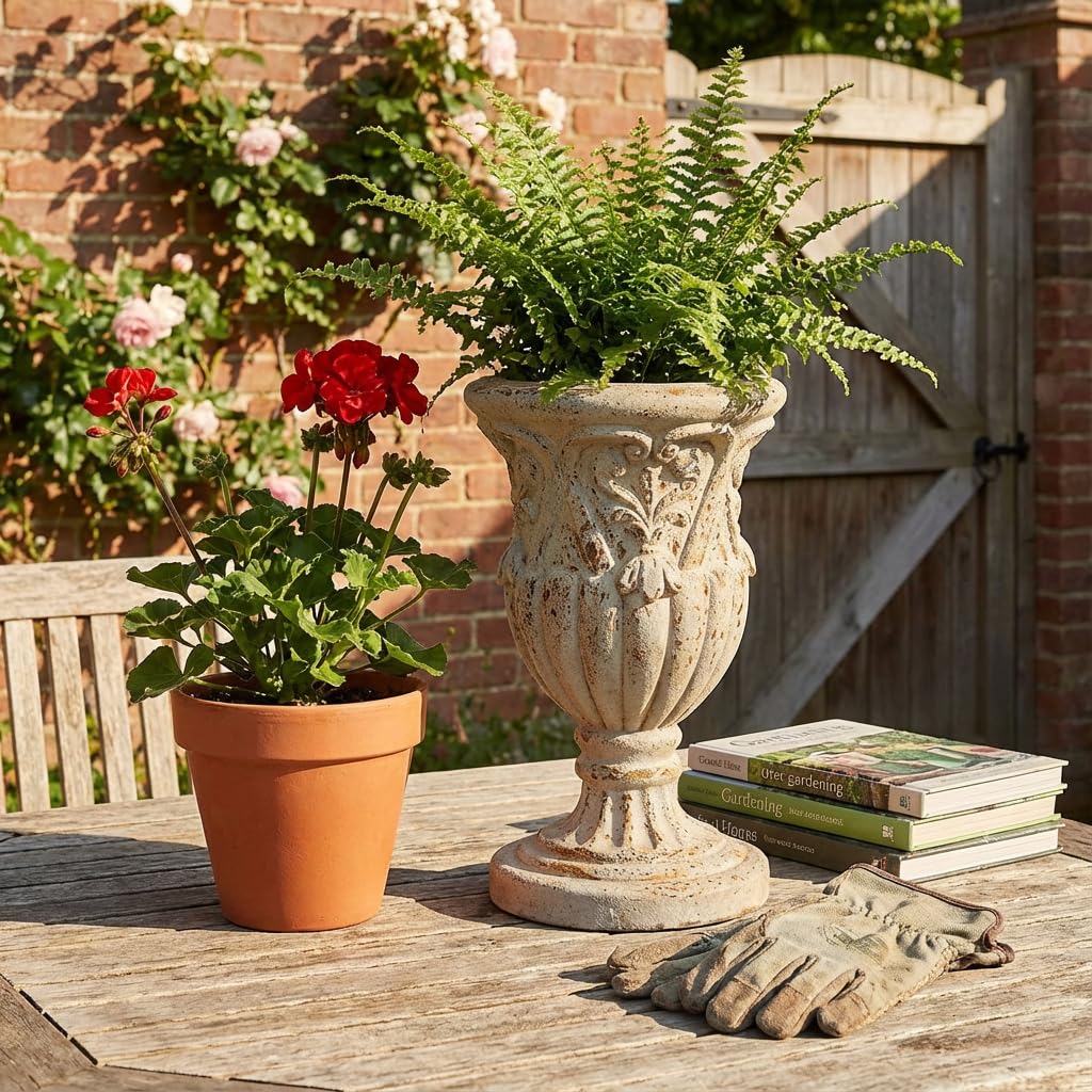 Vintage Urn Planter, 11.6" Tall Magnesium Oxide Pedestal Flower Vase, Lightweight Roman Decorative Planter for Indoor